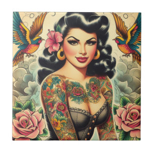 Old School Inked Girl Ceramic Tile