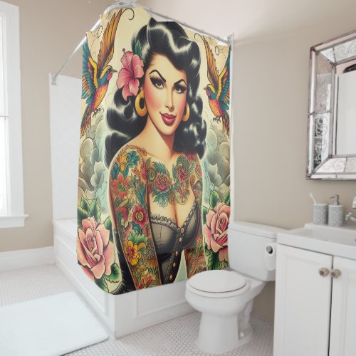 Old School Inked Girl Shower Curtain