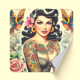 Old School Inked Girl Square Sticker