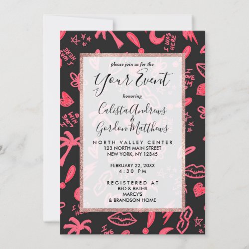 Old School Retro Neon Pink Black Doodles Invitation