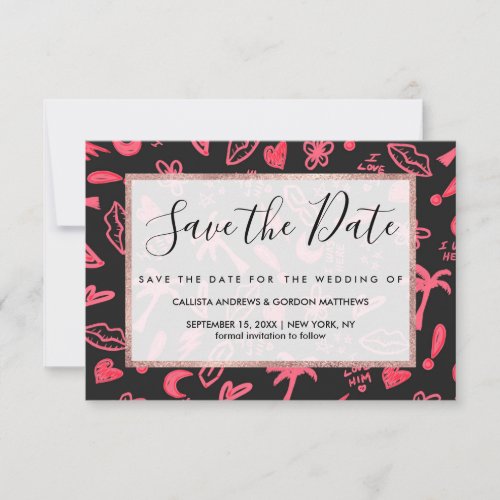 Old School Retro Neon Pink Black Doodles Save The Date