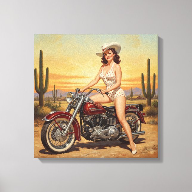 Old school  Retro Pin-up girl on motorcycle Canvas Print (Front)