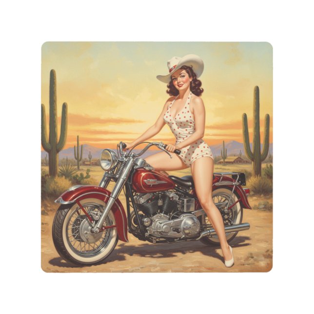 Old school  Retro Pin-up girl on motorcycle Metal Print (Front)