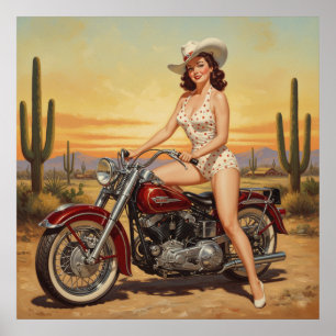 old school Retro Pin-up girl on motorcycle Poster