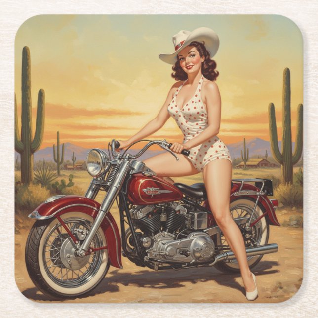 Old school  Retro Pin-up girl on motorcycle Square Paper Coaster (Front)