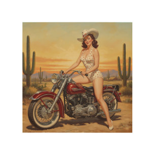 Old school Retro Pin-up girl on motorcycle Wood Wall Art
