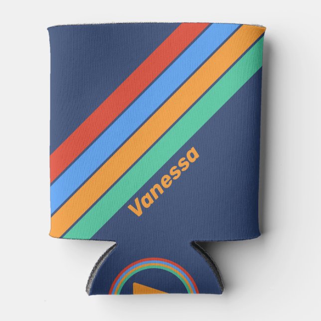 Old School Retro Rainbow Stripes with Name Can Cooler (Front)