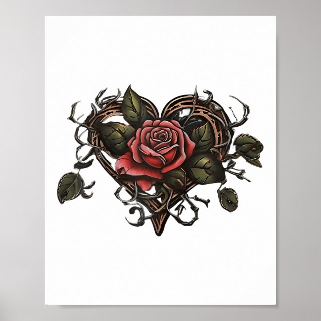 Old School Rose Heart Tattoo Valentines Day Graphi Poster (Front)