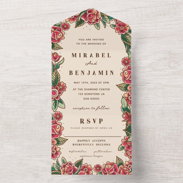 Old School Rose Tattoo Art All In One Invitation (Inside)