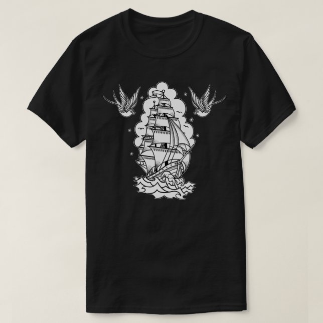 Old School Sailor Tattoo Clipper Ship and Swallows T-Shirt (Design Front)
