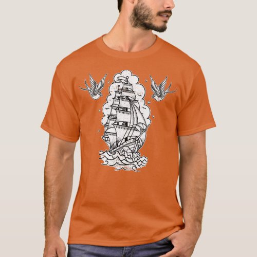 Old School Sailor Tattoo Clipper Ship and Swallows T_Shirt