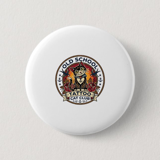 Old School Tattoo Cat Cute Kitty Design - Old Scho Button (Front)