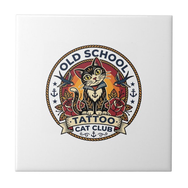 Old School Tattoo Cat Cute Kitty Design - Old Scho Ceramic Tile (Front)
