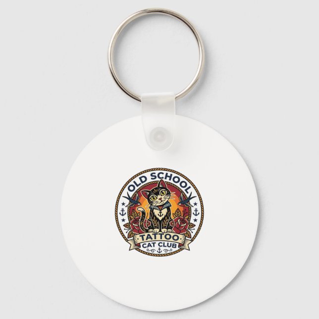 Old School Tattoo Cat Cute Kitty Design - Old Scho Keychain (Front)