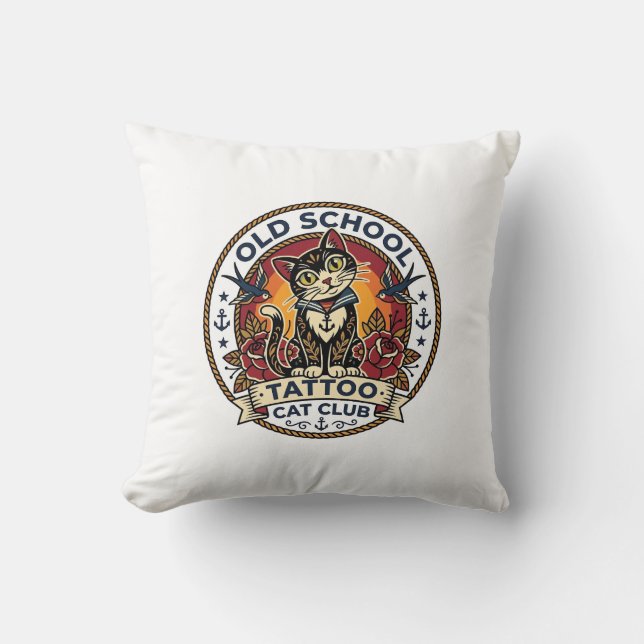 Old School Tattoo Cat Cute Kitty Design - Old Scho Throw Pillow (Front)
