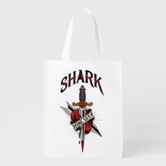 Old School Tattoo Dagger Piercing Heart Illustrati Grocery Bag