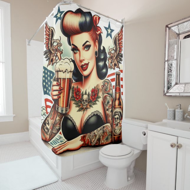 Old School Tattoo Girl Shower Curtain (In Situ)