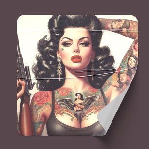 Old School Tattoo Girl Square Sticker