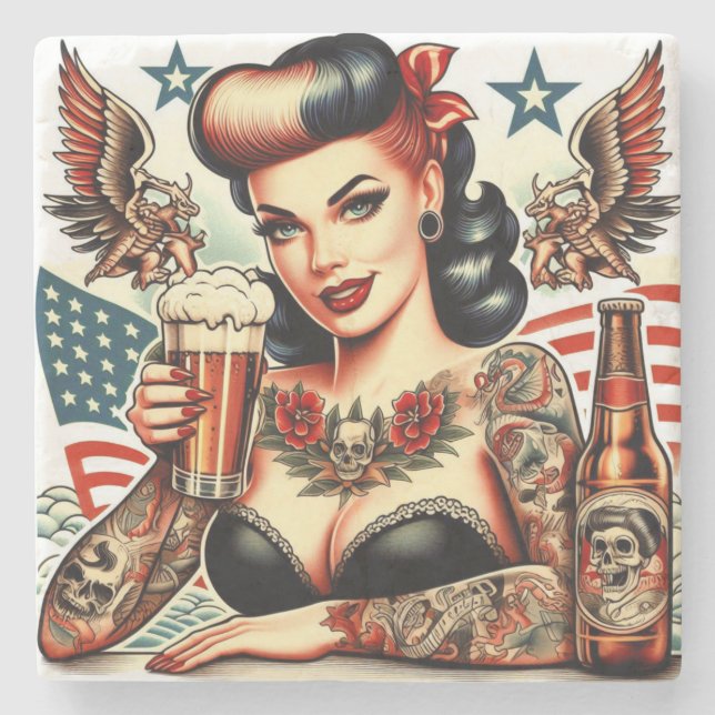 Old School Tattoo Girl Stone Coaster (Front)