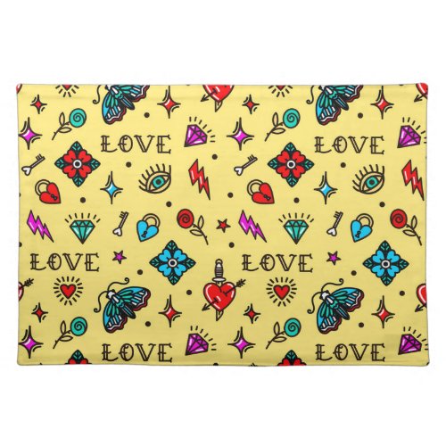 Old School Tattoo Love Pattern Cloth Placemat
