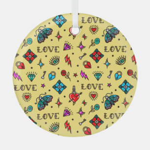 Old School Tattoo Love Pattern Glass Ornament
