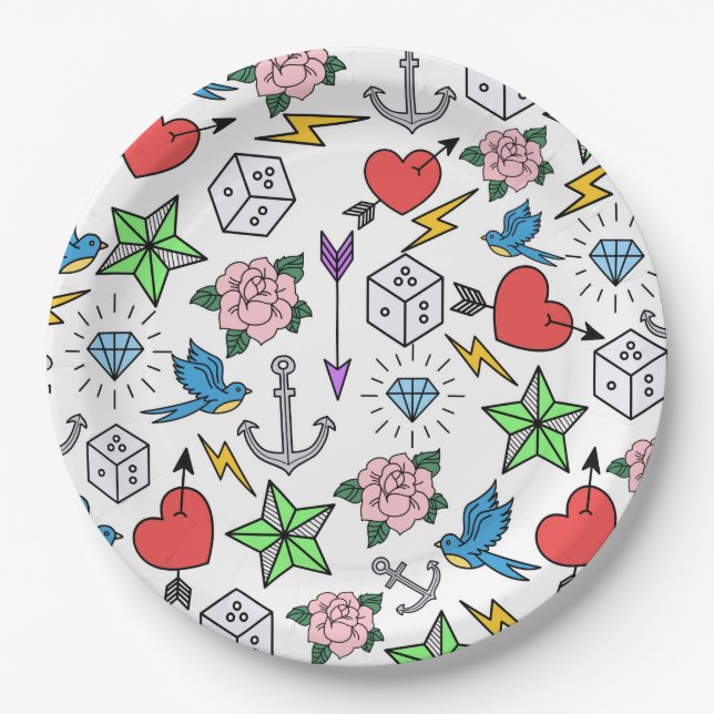 Old School Tattoo Paper Plates (Front)