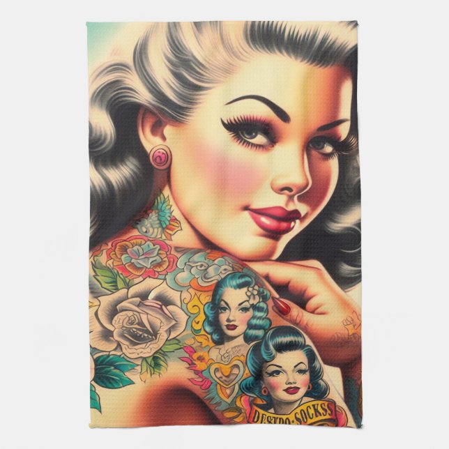 Old School Tattoo Pin-up Kitchen Towel (Vertical)
