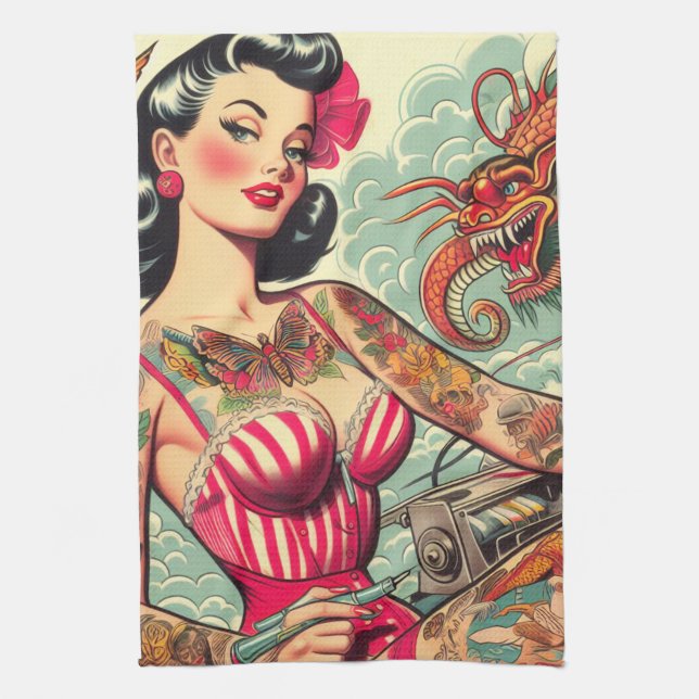 Old School Tattoo Pin-up Kitchen Towel (Vertical)