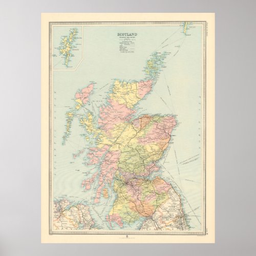 Old Scotland Map 1912 Vintage Scottish Atlas Poster