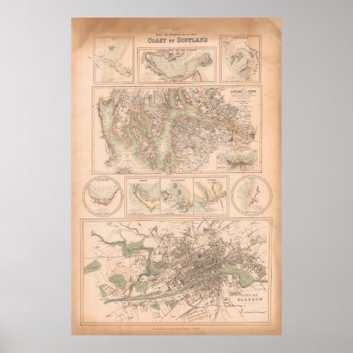 Old Scotland West Coast  Cities Map 1872  Poster