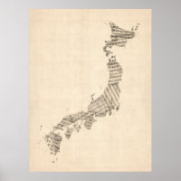 Old Sheet Music Map of Japan Poster
