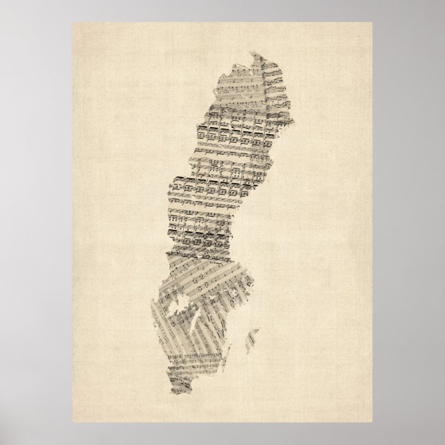 Old Sheet Music Map of Sweden Poster (Front)