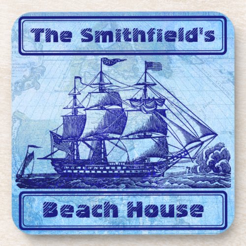 Old Ship and Map Blue Beach House Beverage Coaster