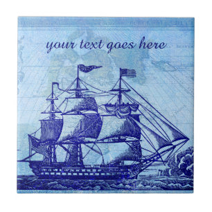Old Ship and Map Blue Beach House Ceramic Tile