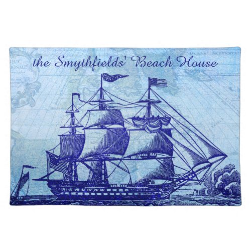 Old Ship and Map Blue Beach House Cloth Placemat