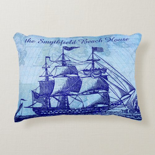 Old Ship and Map Blue Beach House Decorative Pillow