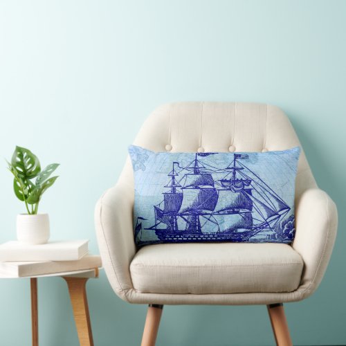 Old Ship and Map Blue Beach House Lumbar Pillow