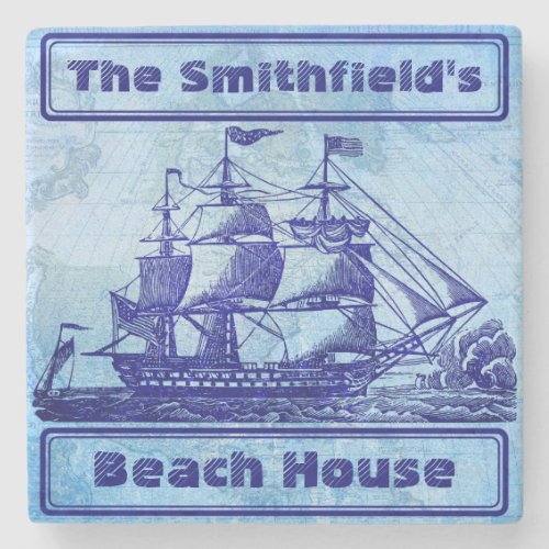 Old Ship and Map Blue Beach House Stone Coaster