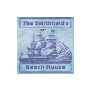 Old Ship and Map Blue Beach House Stone Magnet