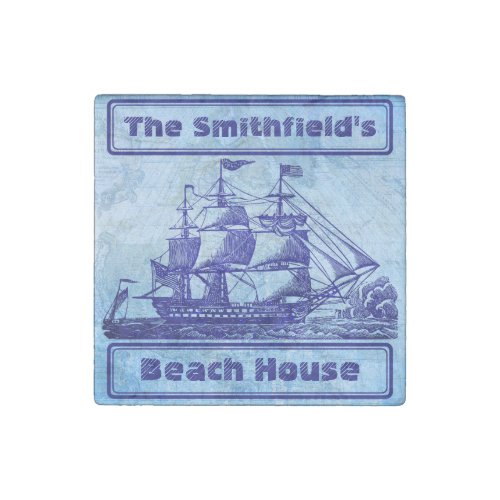 Old Ship and Map Blue Beach House Stone Magnet