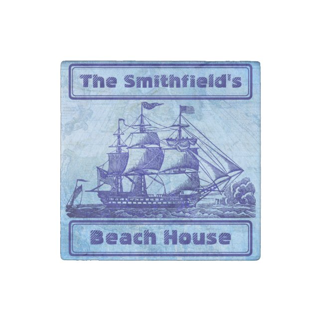 Old Ship and Map Blue Beach House Stone Magnet (Front)