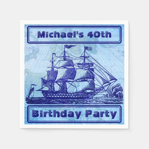 Old Ship and Map Blue Beach Party Paper Napkins