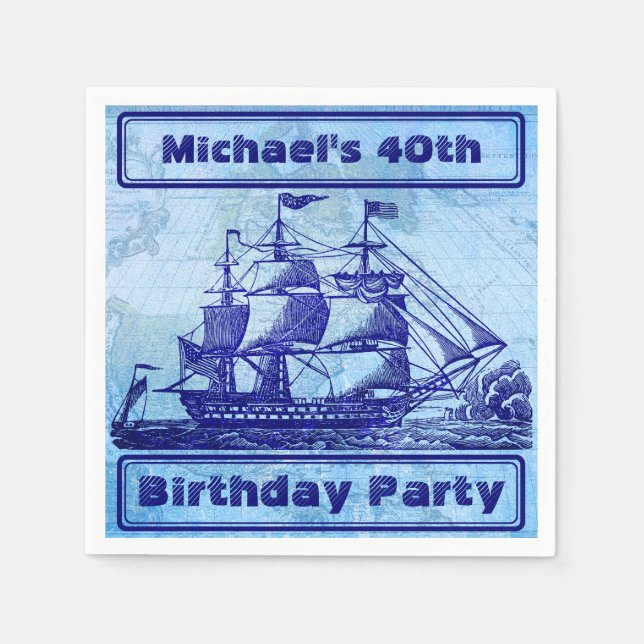 Old Ship and Map Blue Beach Party Paper Napkins (Front)