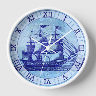 Old Ship and Map Blue Nautical Sailing Wall Clock