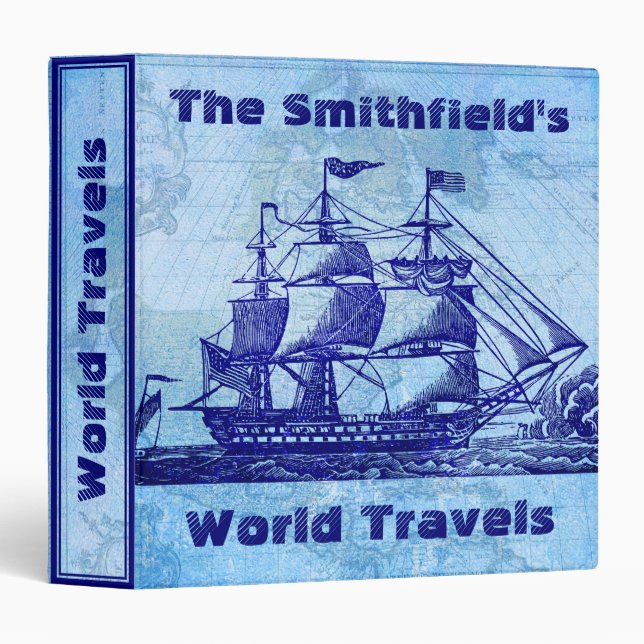 Old Ship and Map Blue Nautical Travel 3 Ring Binder (Front/Spine)