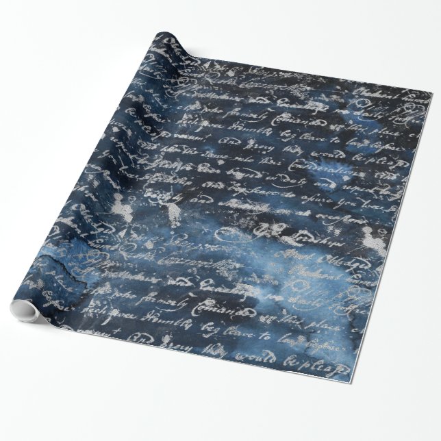 Old Silver Script Navy Blue Wrapping Paper (Unrolled)