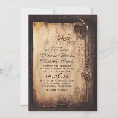 Old Skeleton Key Vintage and Gothic Wedding Invitation - Heart lock and vintage skeleton key old parchment wedding invitations. Beautiful typewriter and script fonts composition on a floral paper sheet. Shabby and unique wedding invite for vintage, Gothic inspired weddings.