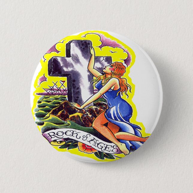 Old Skool Tattoo Rock Of Ages Button (Front)