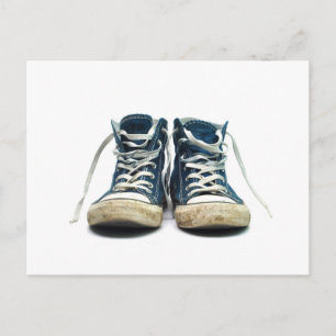 old sneakers dirty sport shoes white background postcard