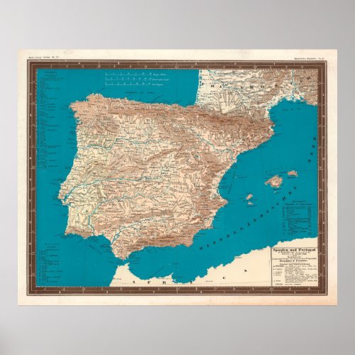 Old Spain and Portugal Map 1846 Vintage Iberian  Poster